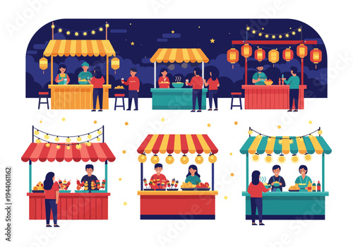 Diverse people enjoying food stalls at a vibrant night market with lanterns and string lights