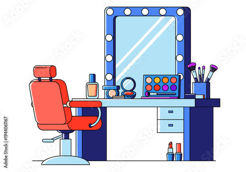 Stylish makeup vanity with chair and illuminated mirror, featuring cosmetics and brushes