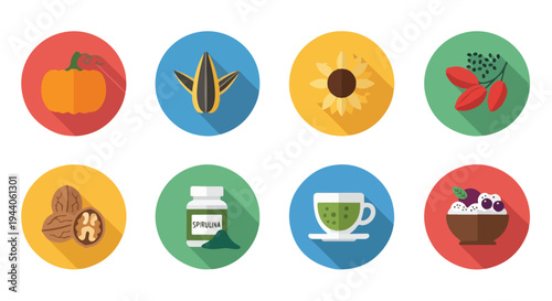 Set of 8 Superfood and Healthy Ingredient Icons Vector
