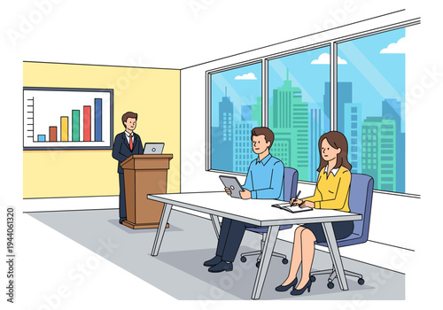 Business presentation with a speaker and attendees in a modern office with city view