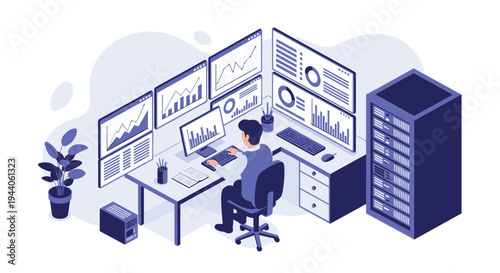 A data analyst or stock trader works at a multi-monitor computer setup in a modern office with a server rack for data processing.