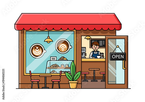 Cozy coffee shop with barista serving drinks and pastries, open for business