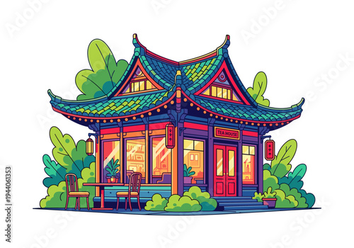 Charming cartoon tea house with traditional Asian architecture and outdoor seating
