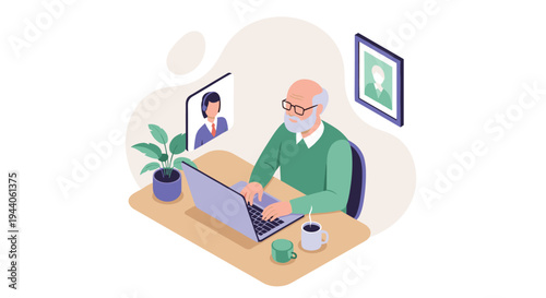 A senior man with glasses works from home and engages in a video conference call on his laptop in a cozy office setting.