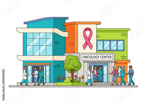 Modern oncology center building with doctors and patients entering and exiting