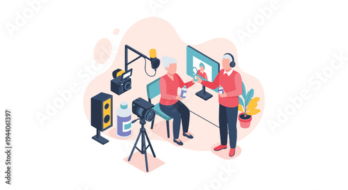 An elderly couple records a product review video or podcast in their home studio, complete with a camera, microphone, and monitor.