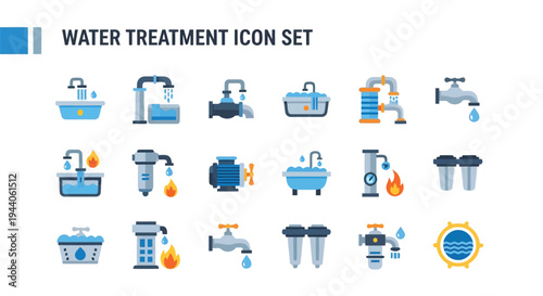 Comprehensive icon set illustrating various water treatment and filtration equipment Vector