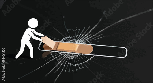 White stick figure applying bandage to cracked black surface