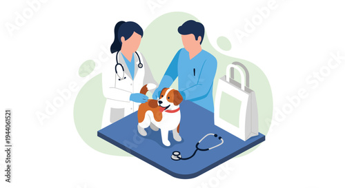 A female veterinarian and a male assistant conduct a checkup on a happy dog standing on an examination table in a modern veterinary clinic illustration.