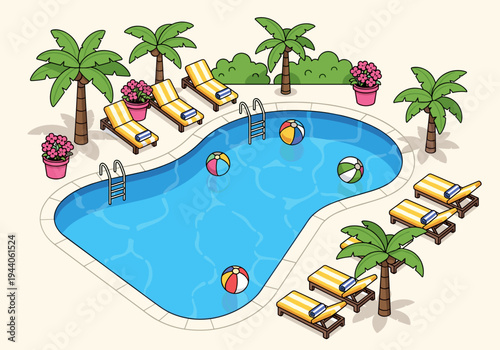 Cartoon swimming pool with lounge chairs, palm trees, and beach balls for a tropical vacation