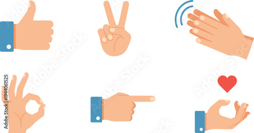 Hand gesture icon set vector illustration including like victory clap ok sign pointing finger love symbol human communication