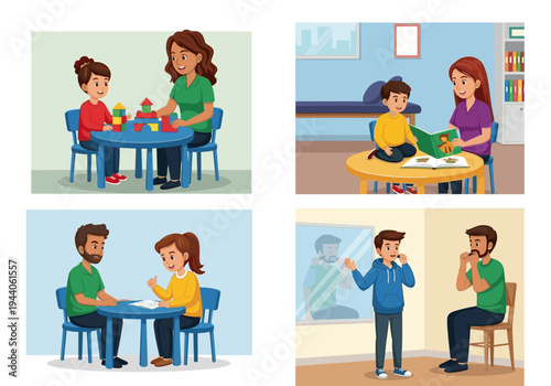 Children receiving educational and therapeutic support from adults in various settings