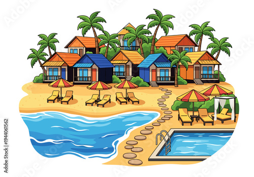 Tropical beach resort with bungalows, swimming pool, and lounge chairs by the ocean