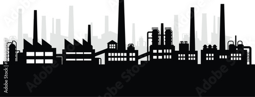 Industrial factory skyline silhouette vector illustration with manufacturing plants chimneys warehouses heavy industry urban industrial zone background