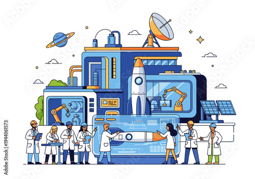 Scientists and engineers collaborate on rocket design in a futuristic research facility