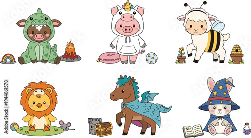 Cute Kids Animal Costume Characters Set with Dinosaur Cow Sheep Lion Dragon Bunny and Wizard Cartoon Fantasy Vector Illustration Collection
