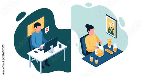 An isometric split-screen illustration compares a man working online at a computer with a woman crafting homemade organic cosmetics at her own creative workspace.