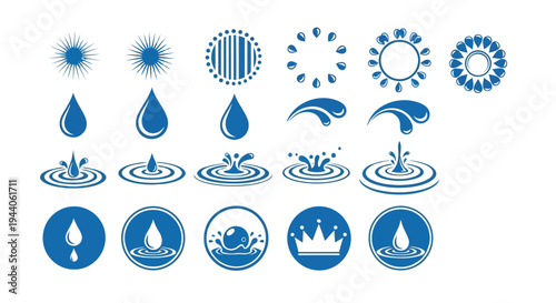 Collection of icons representing various types of water-related weather phenomena and symbols Vector