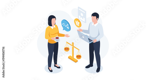A man with a laptop and a woman with a coffee cup discuss financial matters, illustrated by digital icons and a scale of justice.