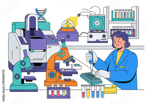 Scientist working in a modern laboratory with advanced equipment and DNA helix illustration