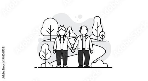 A simple black and white line art illustration depicts an elderly couple holding hands while taking a romantic walk along a path in a park.