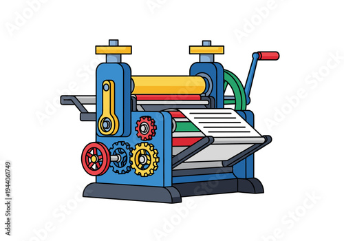 Vintage printing press machine with gears and paper output, flat design illustration