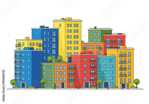 Colorful apartment buildings in a modern city skyline with people walking on the sidewalk
