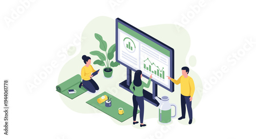 Three people analyze health and wellness data on a large screen in a modern space with yoga mats and a jug of green juice.