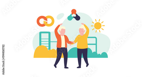 A happy senior couple in colorful casual clothing dances together in a park on a sunny day in this charming flat vector illustration.