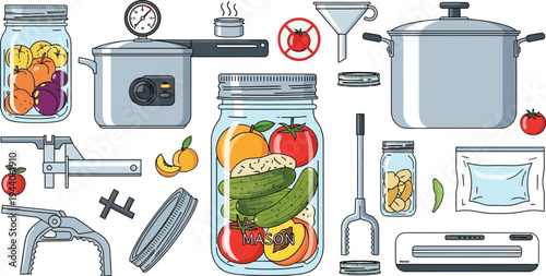 A collection of equipment displays the necessary apparatus for safe home canning and preserving fruits and vegetables using pressure cookers.