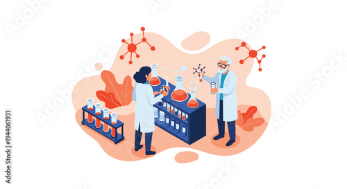 An isometric illustration of a male and female scientist in a laboratory conducting research with chemical beakers, test tubes, and molecular models.