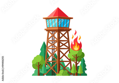 Forest fire watchtower with flames erupting from a nearby tree