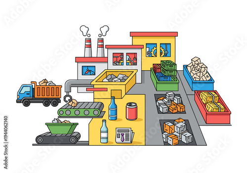 Recycling plant with conveyor belts, truck, and sorted materials in bins