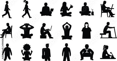 People lifestyle silhouette icon set vector illustration with walking working sitting yoga meditation office activity human figures collection