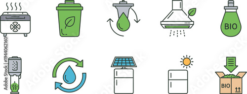 A set of ten small icons depicts various concepts related to eco-friendly home appliances and sustainable water usage.