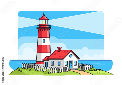 Iconic red and white lighthouse with attached keeper's house on a grassy hill by the sea