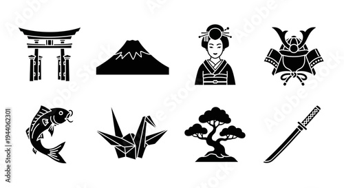 Abstract vector illustration of Japanese cultural symbols on a white background, a modern digital art compilation of iconic elements