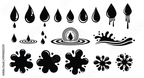 Black and white illustrations of water droplets and floral patterns Vector