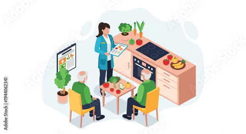 An isometric illustration of a female nutritionist explaining a healthy diet plan to an elderly couple seated at a table with fresh produce in a kitchen setting with a tablet nearby.