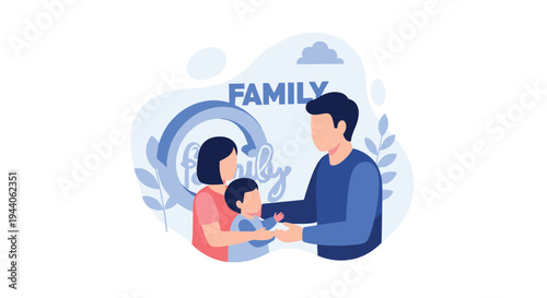 A flat vector illustration of a happy family with a mother, father, and child embracing, set against a light blue background with the word FAMILY written above them.