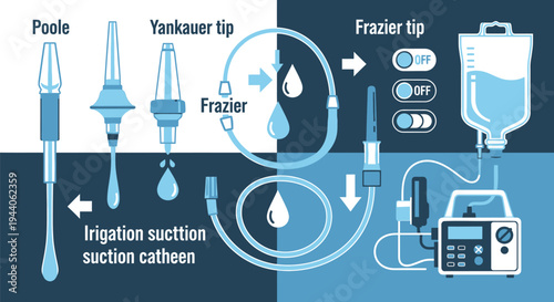 Infographic compares different surgical suction tips, including Poole, Yankauer, and Frazier types, connected to an irrigation suction system and fluid bag.