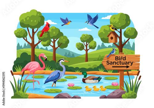 Diverse bird species inhabit a vibrant natural sanctuary with a pond and lush greenery