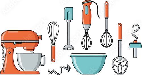 Collection of kitchen mixing tools features a stand mixer, whisks, immersion blender, and mixing bowls.