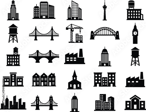 Collection of twenty five flat black city skyline silhouettes, featuring skyscrapers, bridges, factories, and urban architecture on a white background.