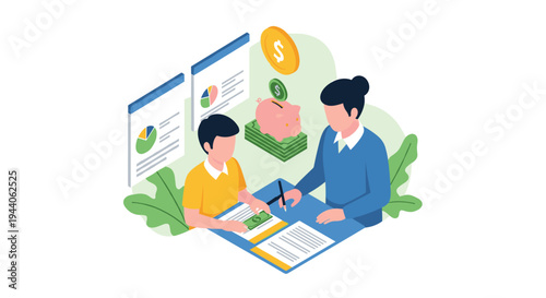 Isometric vector illustration of a financial advisor consulting with a client about savings, investment, and budget planning.