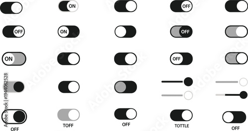 Toggle switch UI elements set vector illustration with on off buttons sliders mobile app settings web interface controls