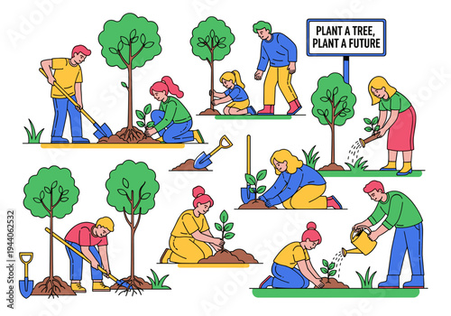 Diverse people planting trees together, symbolizing environmental care and community effort