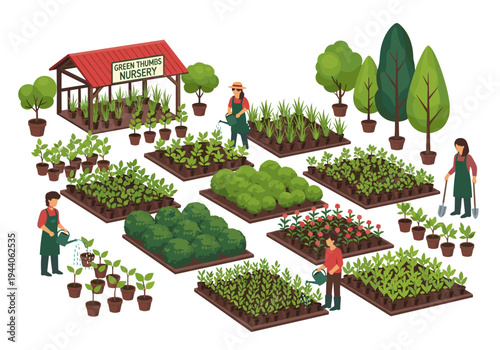 Isometric illustration of a vibrant nursery with gardeners tending to various plants and trees