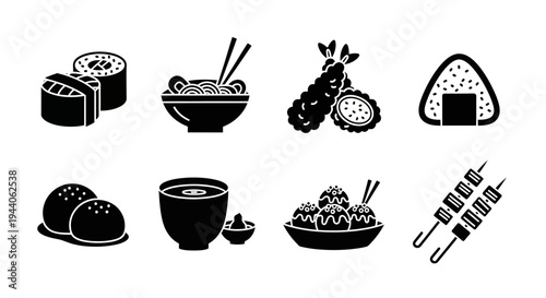 vector illustration of assorted Japanese food icons on a white background, abstract digital art
