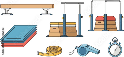 Assortment of gymnastics apparatus and training equipment includes balance beams, parallel bars, and safety mats.